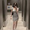 Pure Color Contrast Square-neck Striped Short-sleeved T-shirt Knitted Dress for Women, Summer New Style, Fitted Waist, Slimming, Full-hip Short Skirt