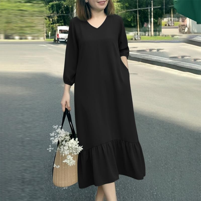 ZANZEA Women Casual V-Neck Solid Color 3/4 Sleeve Midi Dress