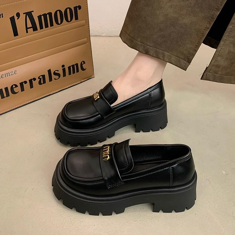 British style small leather shoes 2025 women's muffin bottom spring new versatile platform shoes black Mary Jane loafers