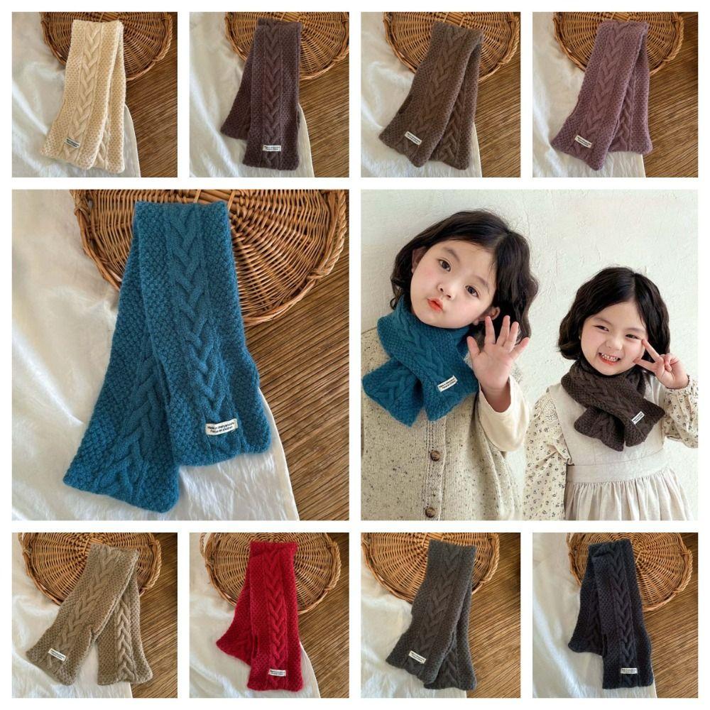 Solid Color Children Knitted Scarf Trendy Winter Cross Muffler Kids Woven Neckerchief  Outdoor