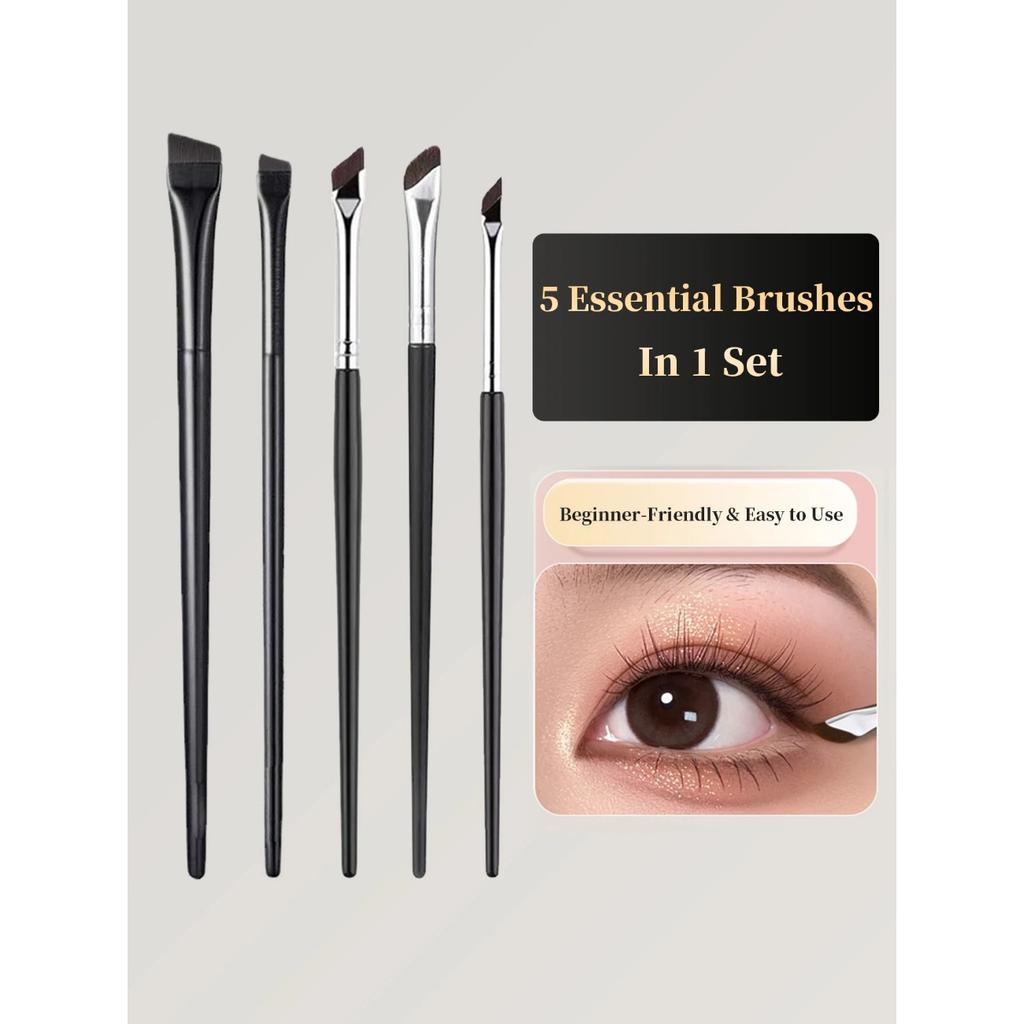 1 Set Of 5 Brushes, Black Diagonal Eyeliner Eyebrow Brush, Lying Silkworm Novice Makeup Painting Down To Eye Shadow