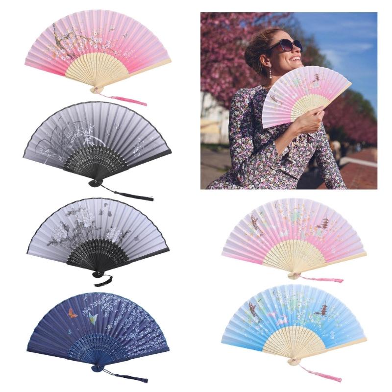 Blumen Handfaltfächer Handgehaltener Seiden-Bambusfächer mit Quasten Hohlgebohrter Handfaltfächer für Tanz Hochzeitsdekorationen