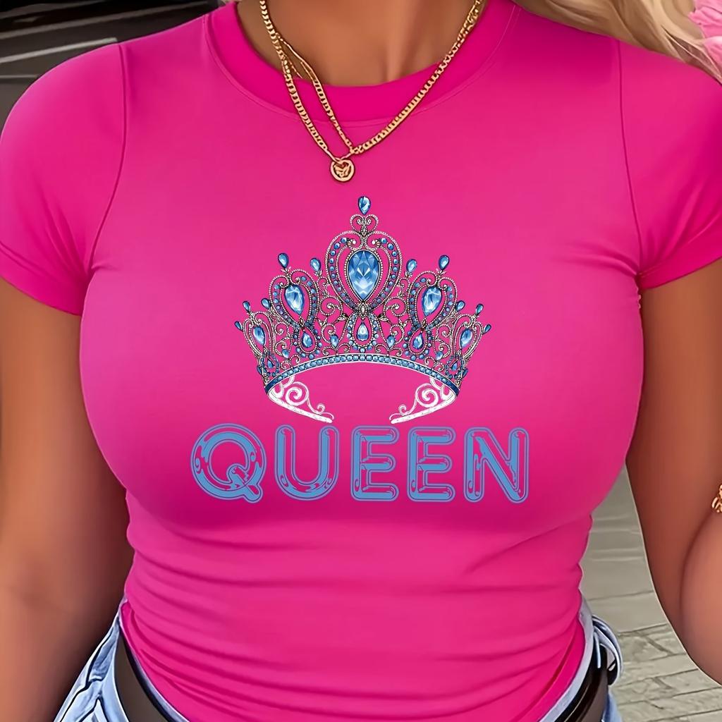 Queen Crown Graphic Print T-Shirt - Women's Casual Round Neck Short Sleeve Fashion Top, Comfortable Fit for Spring and Summer