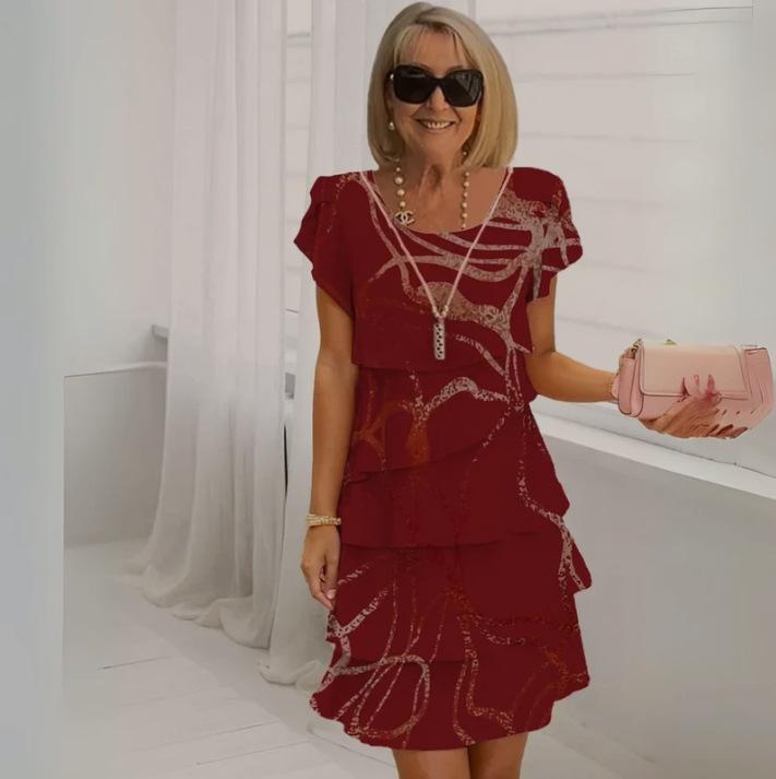 2025 Summer Women's Short Sleeve Tiered Chiffon Dress - European & American Style