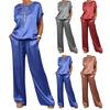 Women Summer Satin Lounge Sets Short Sleeve Crew Neck Top And Wide Leg Pants Set Casual Vacation 2 Piece Outfits