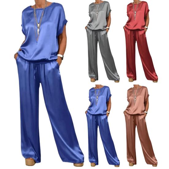 Women Summer Satin Lounge Sets Short Sleeve Crew Neck Top And Wide Leg Pants Set Casual Vacation 2 Piece Outfits