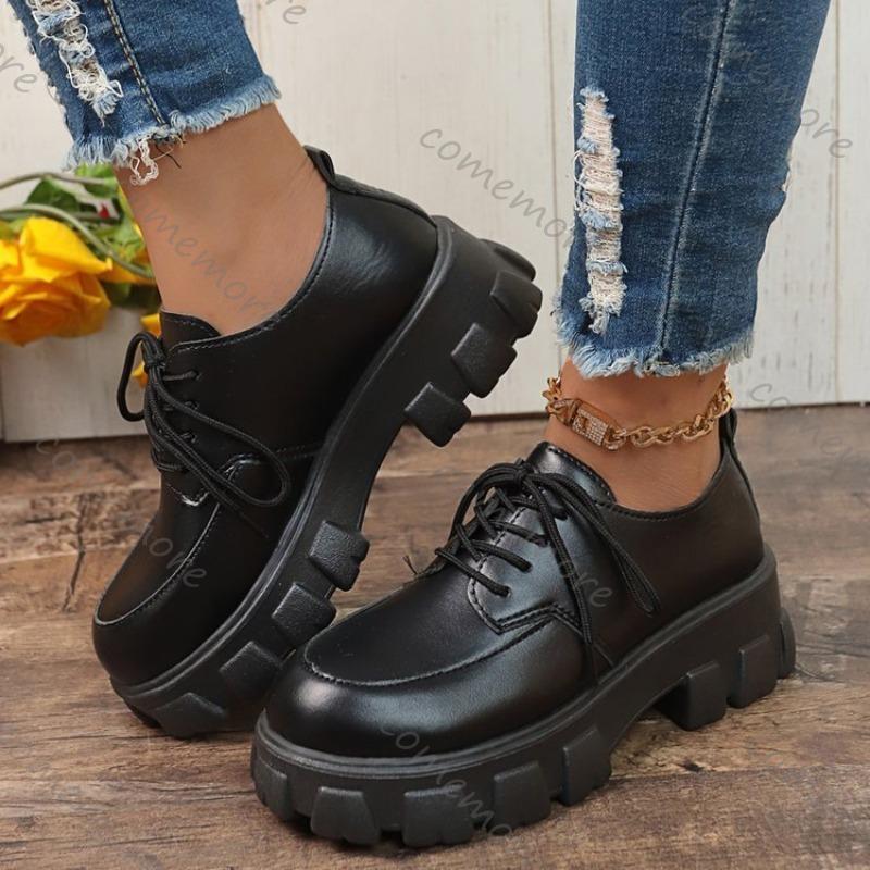 Comemore Thick Bottom British Style Leather Shoes Women 2025 Autumn New Loafers Round Head Lace Up Casual Black Platform Pumps