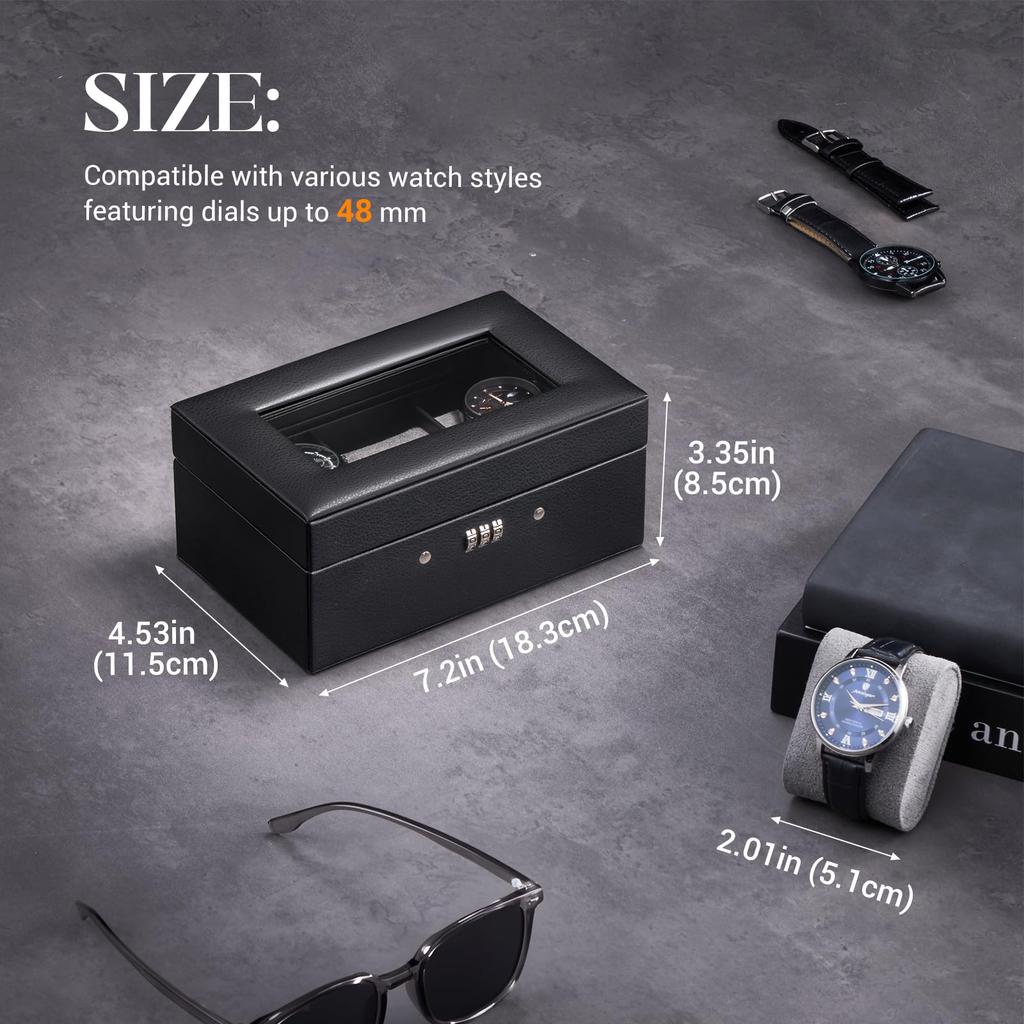 ProCase Watch Case for Watch Box with Password Watch Organizer with Glass Display Storage Case Men, 3-Piece Lock, Top,