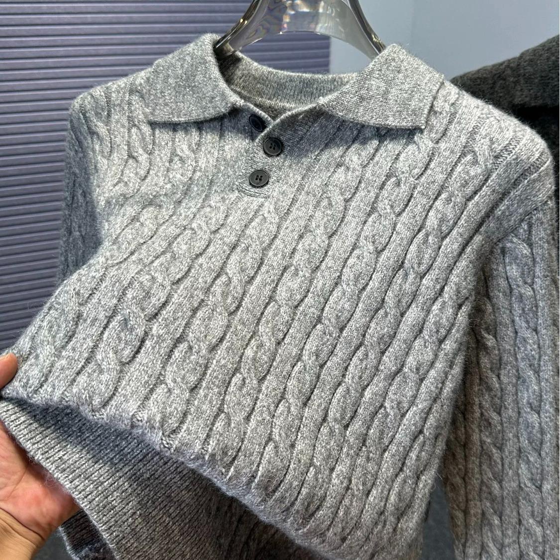 

Men s Trendy Korean Cable Knit Collared Polo Sweater – Versatile Autumn/Winter Fashion XL темно-сірий