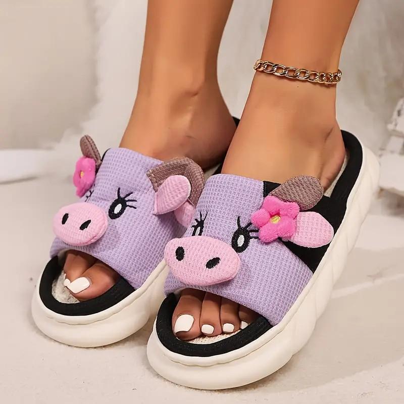 Kawaii Cartoon Kuh Hauspantoffeln für Damen Sommer Mode Leinen Plateau Hausschuhe Frau Dicke Sohle Rutschfest Schlafzimmer Slipper 2025