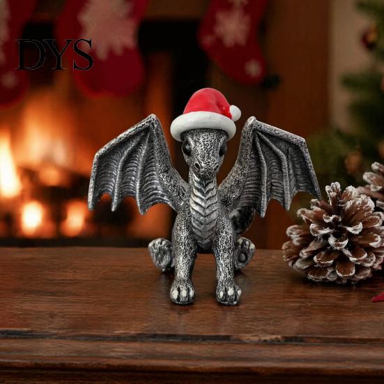 Detailed Dragon Ornament Santa Hat Figurine Ornament, Retro Resin Christmas Ornaments Decoration, Distressed Statue for Desktop Tree Decor Fantasy