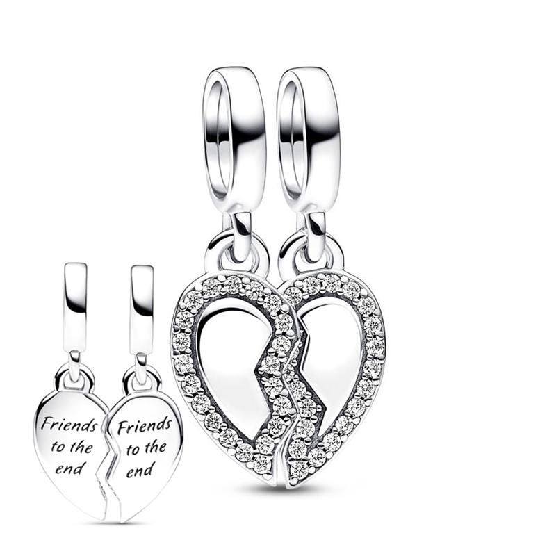 Sparking Diamond Heart Charm Beads Silver Bracelet Necklace DIY Jewelry Gift for Women