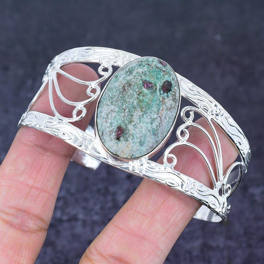 Natural Ruby Fuchsite Gemstone 925 Sterling Silver Cuff Bangle Adjustable b5a08