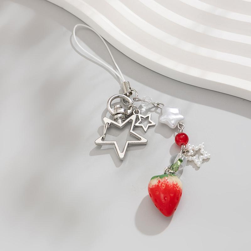 Y2K Sweet Strawberry Keychain Tassel Phone Strap Keyring Key Holder Girly Bag Hanging Decoration Key Accessories