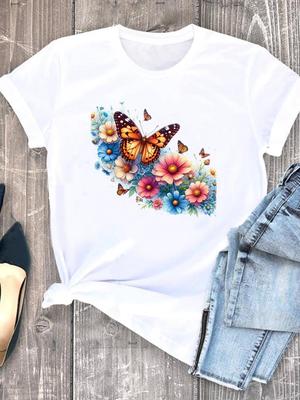 (Asian Size) Butterfly Flower Cute Clothing Casual O-neck Tee Top Women Short Sleeve T Shirt Fashion Print Lady Female Graphic T-shirts