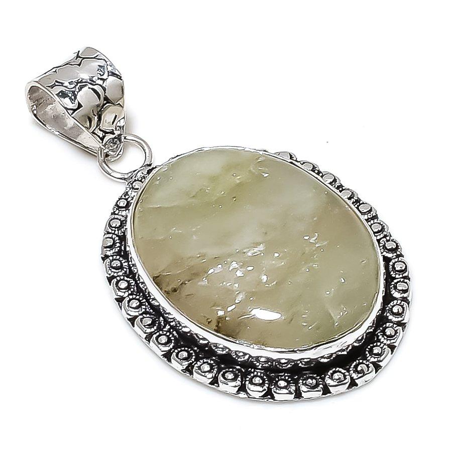 Prehnite Gemstone Handmade 925 Sterling Silver Jewelry Pendant 1.97" SU-10699