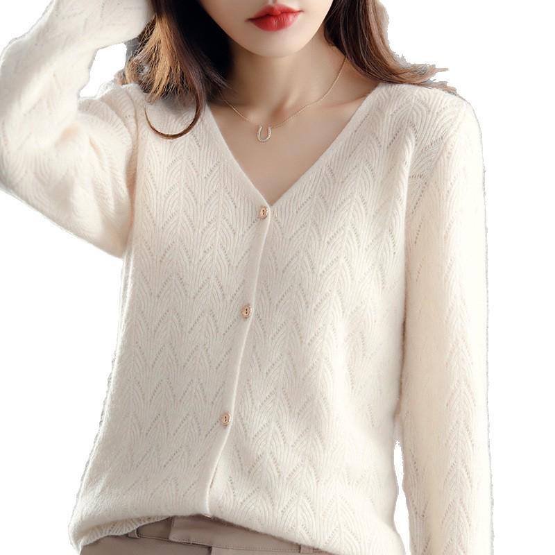 Women's Stylish V-neck Pure Wool Cardigan, Autumn/Winter Loose Knit Outerwear, Thickened Sweater Coat