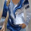 Women'S Marble V-Neck Long Sleeve T-Shirt, Blue And Silvery Shiny Marble Long Sleeve Top, Casual Occasions