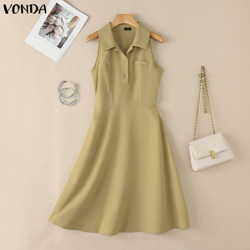VONDA Elegant Women Lapel Neck Sleeveless Casual Long Ruffled Tank Dress M