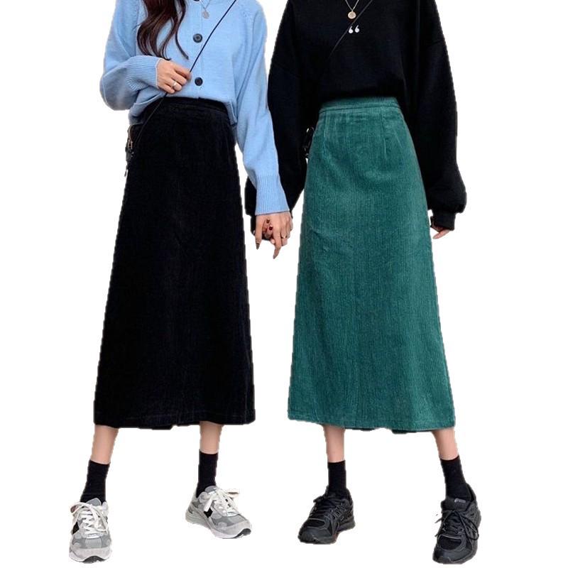 Korean Style Corduroy A-Line Pencil Skirt, Women's Mid-Length, Autumn/Winter, Hip-Hugging Design with Slit