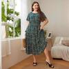 Plus Size Printed Swing Midi Dress with Round Neck and Short Sleeves