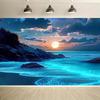 Stunning Blue Ocean and Moon Tapestry - Vibrant Polyester Wall Hanging with Starry Sky, Rocky Shoreline, and Glowing Shoreline