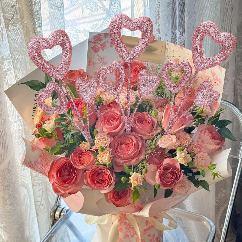 Glitter Heart Shaped Picks Foam Hearts Floral Sparkly Stick For Valentine's Day Wedding Party Decorations Home Vase Supplies