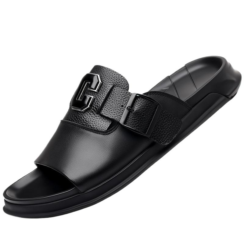 Fashion Men Outwear Genuine Leather Slippers for Men Fashion Buckle Designer Summer Flip-flops Male Casual Non-slip Beach Shoes Man