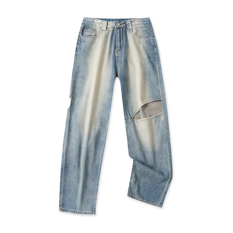 Foreign Trade European and American Single Women Fashion Ripped Jeans New Knee Hollow Design Printing and Dyeing Color Loose Harem Pants