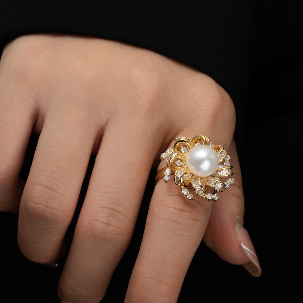 Douyin Same Incense Grandma Baroque Ring Women's Natural Pearl Copper Micro-inlaid Zircon Ring Decoration High Sense