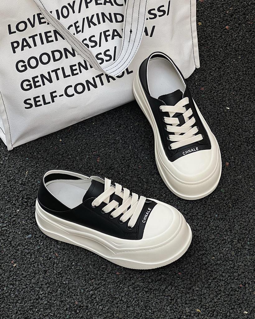 European muffin thick-soled leather big-headed bread shoes women's 2025 new muffin shoes versatile height-increasing casual shoes