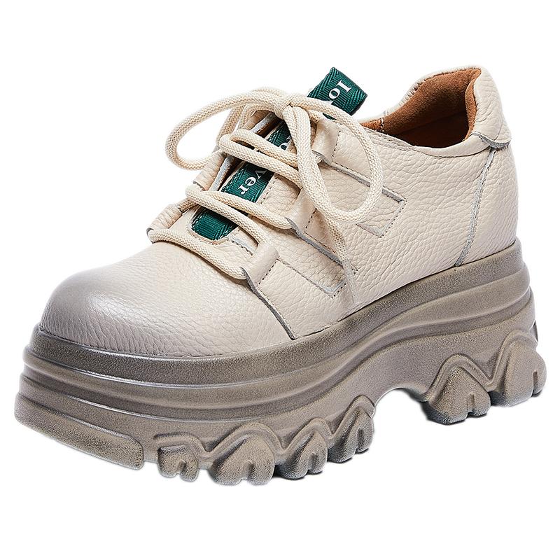 Fashion GKTINOO New Spring Women Loafers Genuine Cow Leather Lace-up Platform Casual Shoes Women Wedges Heel Retro Style Handmade Shoes
