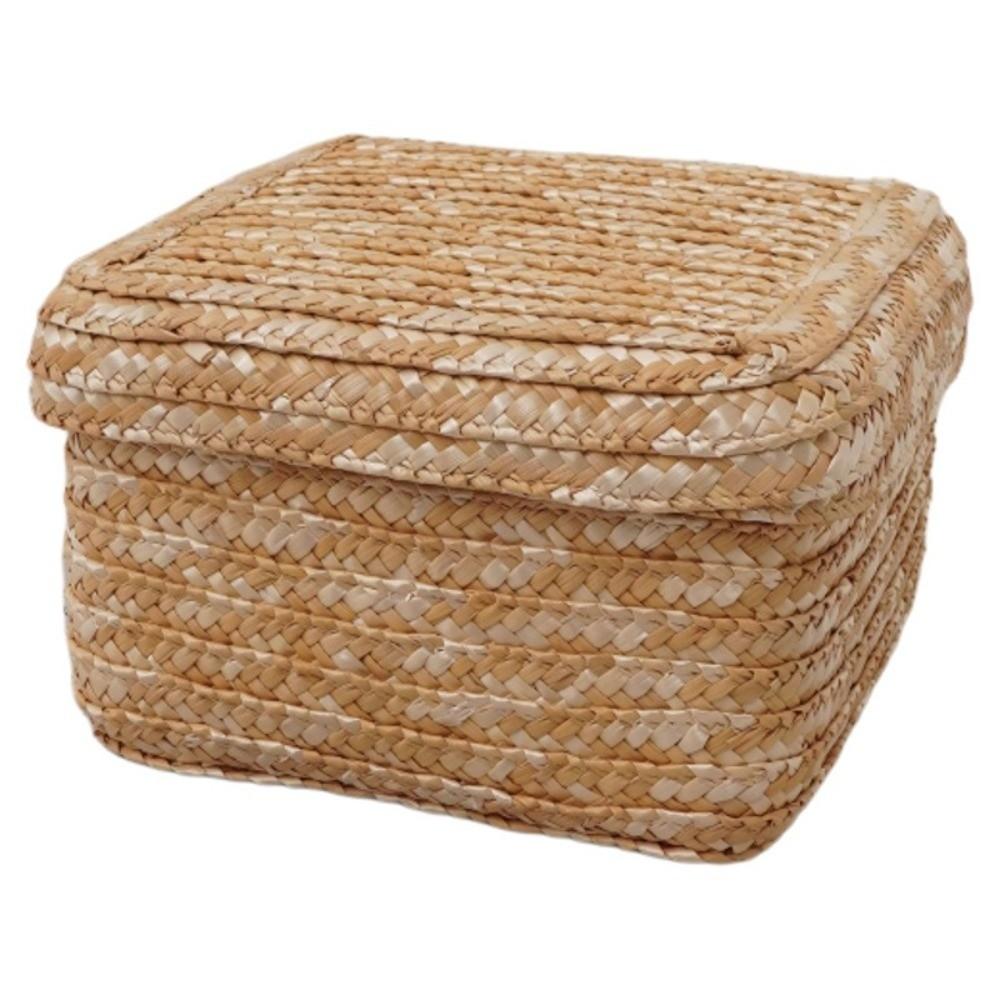 Handmade Woven Woven Storage Basket Round Shape Natural Straw Straw Storage Box Rustic Style With Lid Cosmetic Storage Container