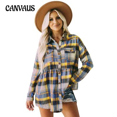 Women's Tops Autumn Lapel Long Sleeve Pocket Casual Plaid Plus Size Shirt