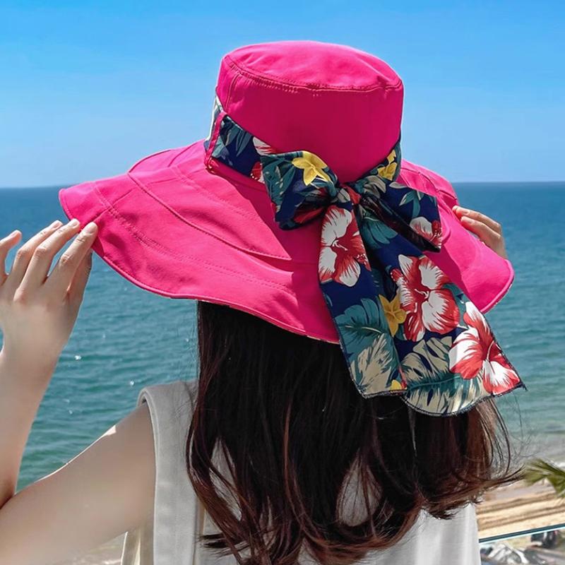 Women's Extra Wide Brim Beach Sun Hat, Summer Fashion Printed Ribbon Sun Cap, UV Protection Foldable Breathable hat