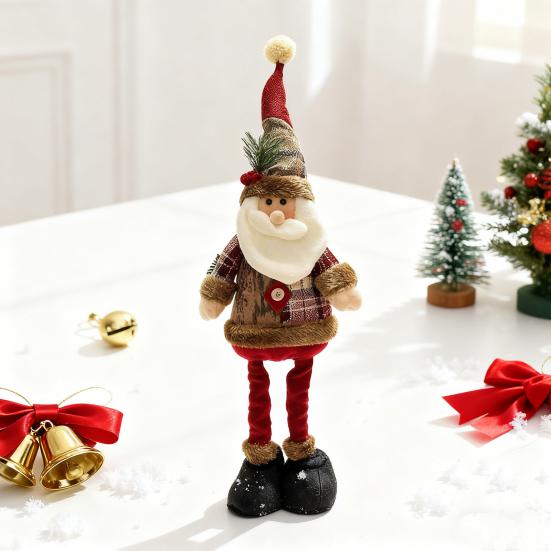 Christmas Plush Doll Plaid Standing Santa Snowman Reindeer Plush Figure with Retractable Legs for Xmas Holiday Party Fireplace Table Decor