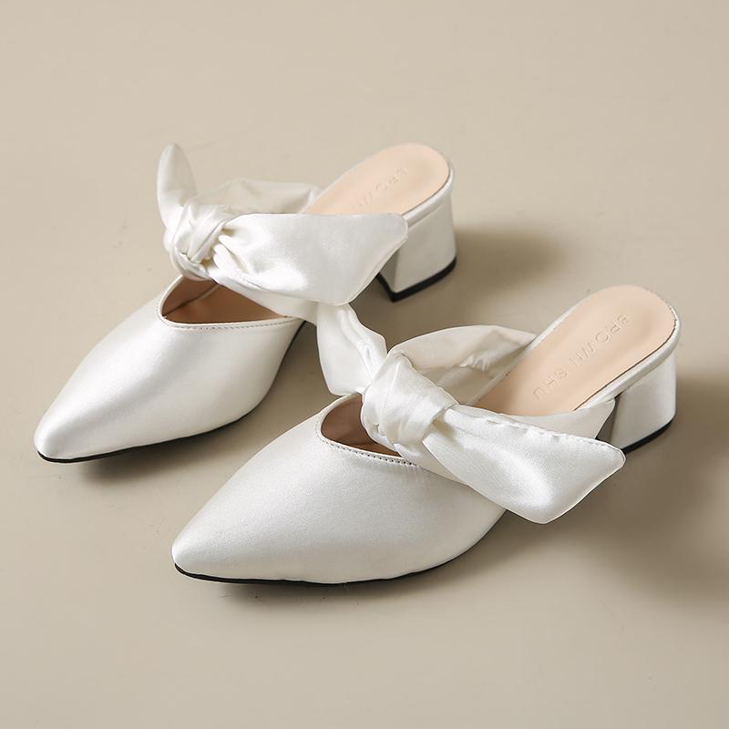 Baotou Thick Slippers for Women Pointy Head Shallow Mouth Butterfly Knot Set Foot Anti-slip Wear-resistant High Heels