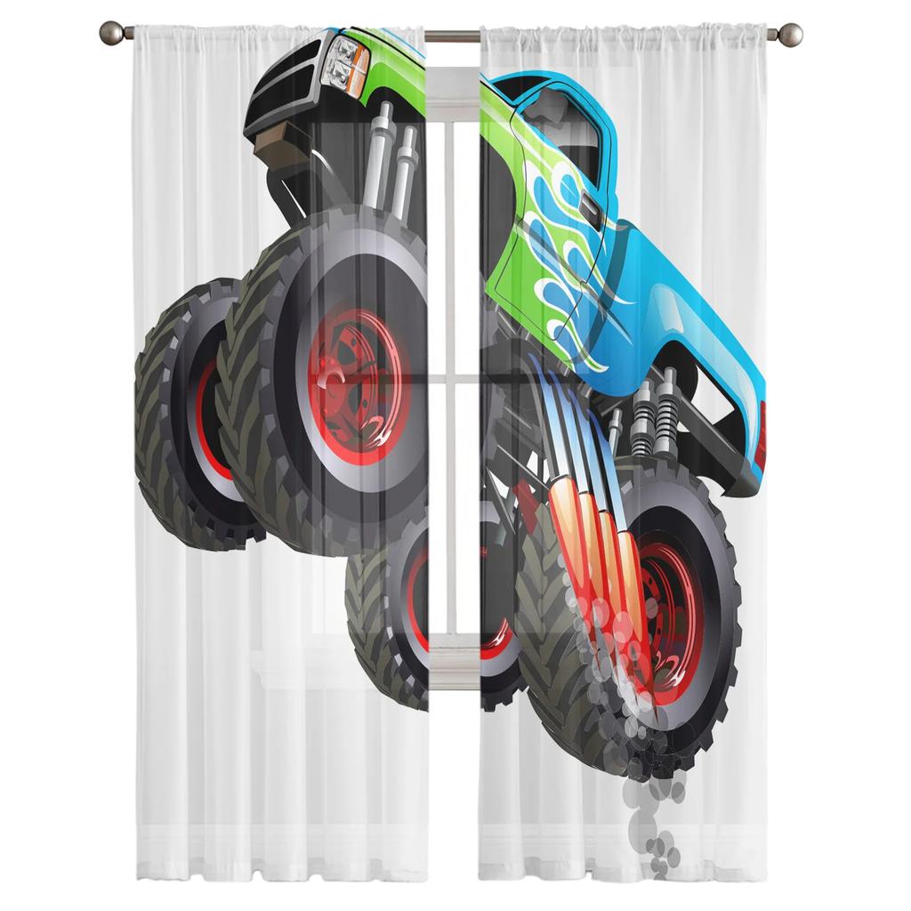 Truck Car Cartoon Voile Curtains Window Treatment Kitchen Living Room Bedroom Decoration Chiffon Tulle Modern Light Filtering Made Of Polyester