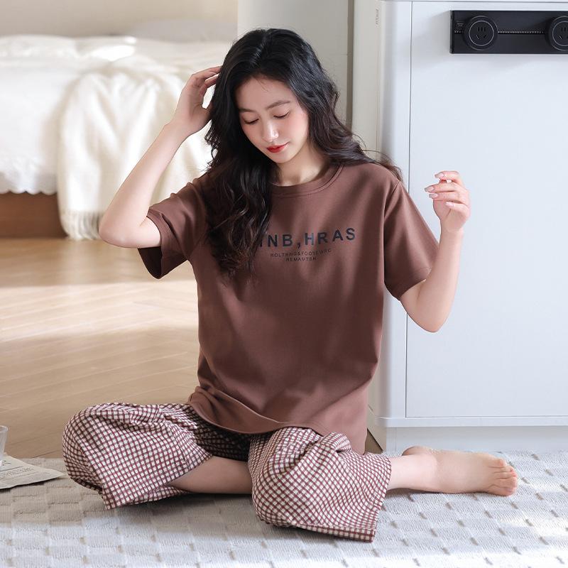 Summer new women's pajamas with chest pads, pure cotton breathable thin round neck pullover, cotton loungewear, large size simple