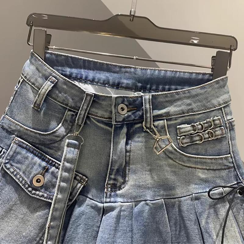 Personalized Spice Girl Skinny Tooling Denim Skirt Summer New Fashion Versatile Sweet Cool A-word Pleated Skirt
