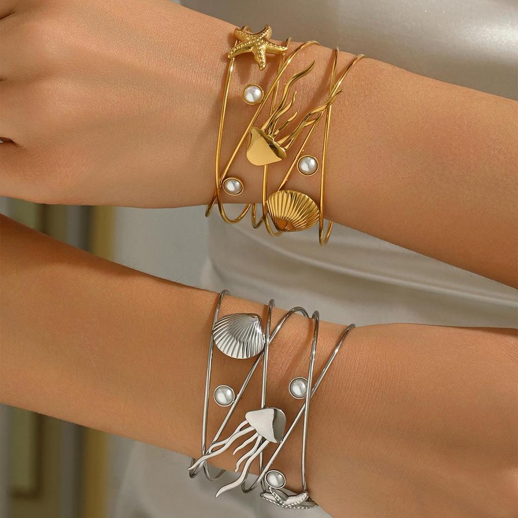 Super Fairy Marine Life Seashell Jellyfish Starfish Wide Cuff Bracelet - European & American Beach Vacation Style