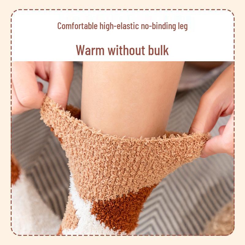 Non-Slip Coral Fleece Cat Paw Mid-Calf Sleep Socks - Women's Warm Cartoon Maternity Socks for Autumn & Winter