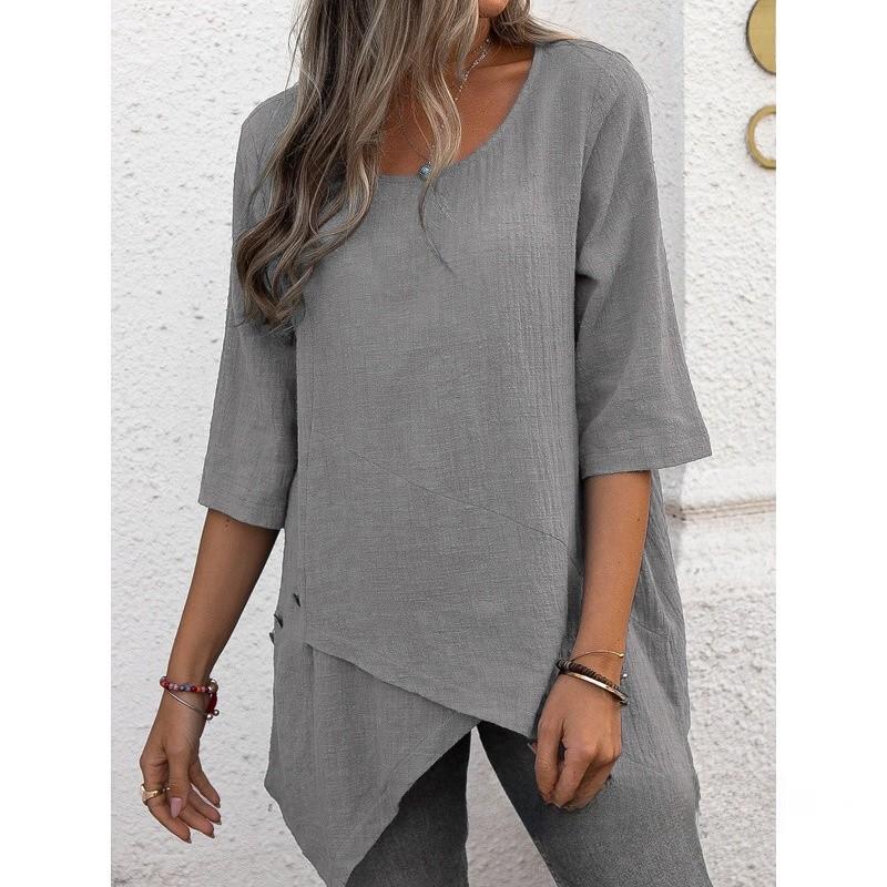 Camicia in Cotone e Lino Stile Bohémien Vestibilità Larga con Design Irregolare per Abbigliamento Casual Primaverile