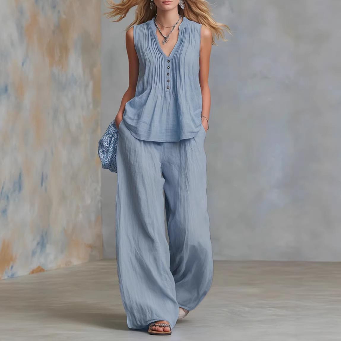 Women s Summer Fashion V-Neck Suit Set - 2026 Casual Sleeveless Solid Color XL