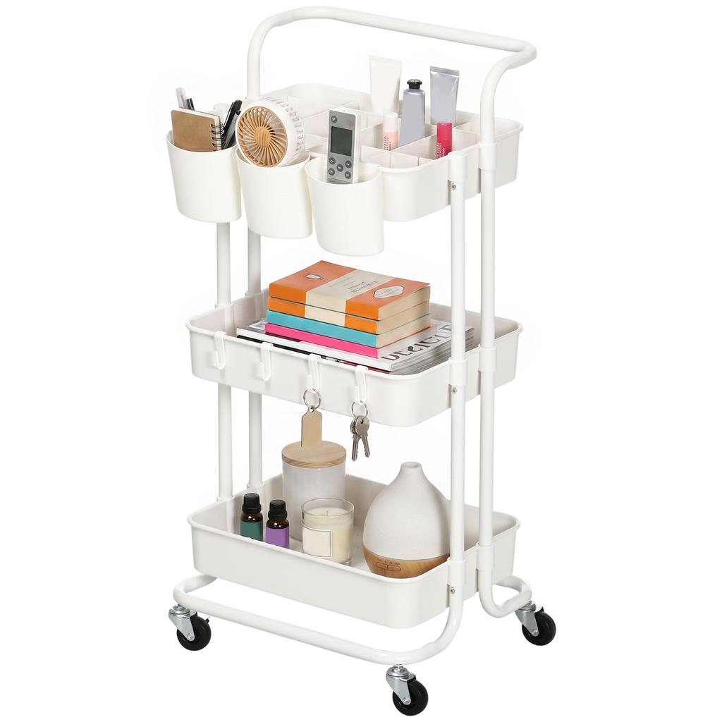 Three Tier Home Trolley With Handle And Wheels White