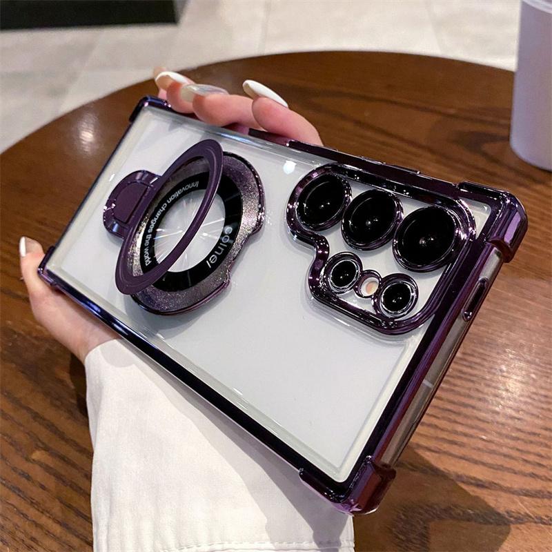 For Magsafe Plating Magnetic Plating Stand Phone Case For Samsung Galaxy S25 S24 S23 S22 Ultra S21 Plus S20 FE Clear Cover Case