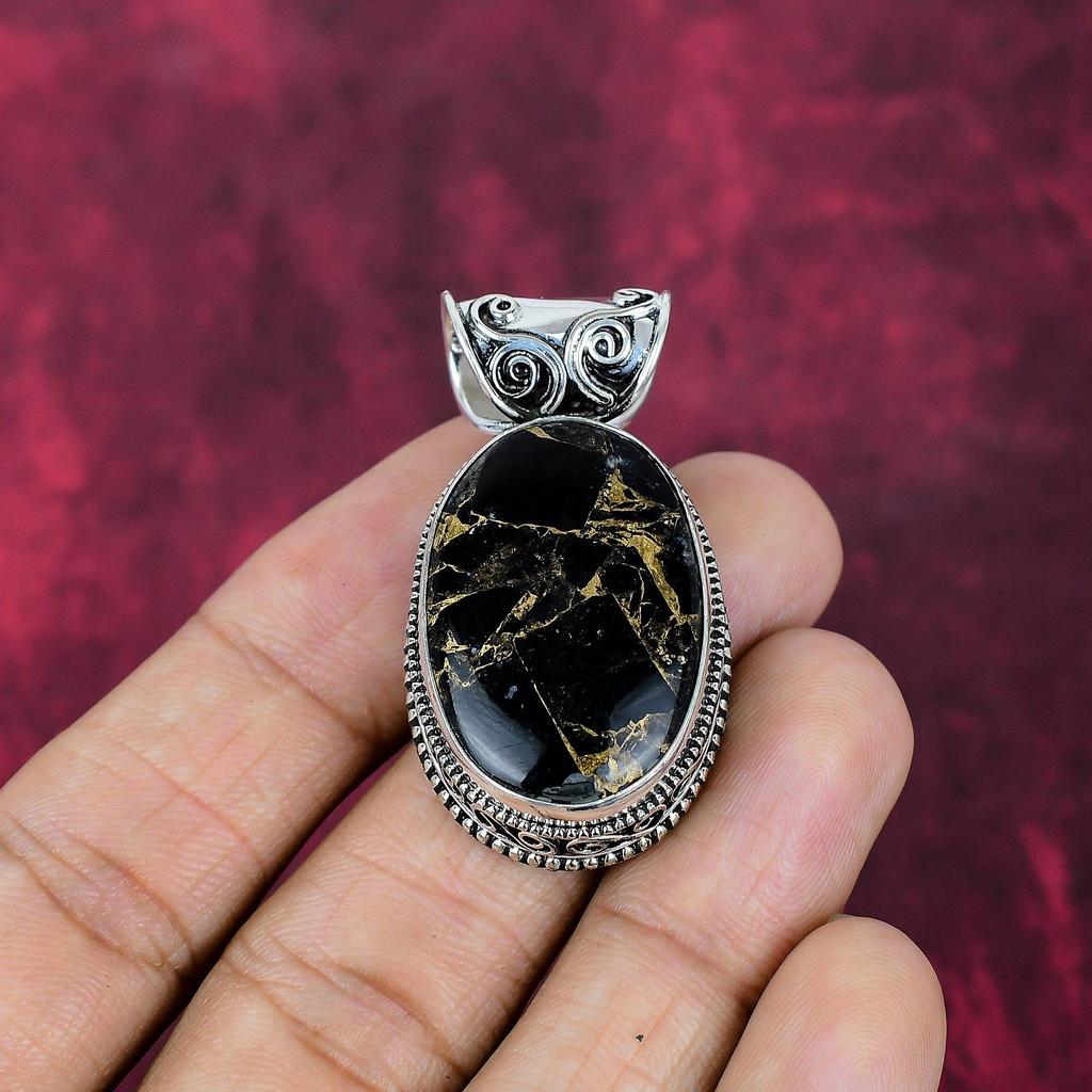 Měděný přívěsek s ručně vyráběným drahokamem turmalínem, přívěsek z masivního sterlingového stříbra 925, starožitný šperk, jako zásnubní dárek