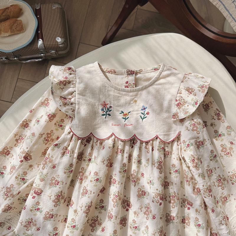 Sweet Girls Floral Dress With Ruffle Sleeves Spring Long Sleeve Princess Dress With Flower Embroidery For Kids