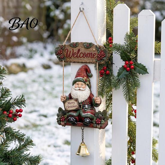 Outdoor Courtyard Decoration Wooden Gnome Door Hanger with Bell, Country Garden Welcome Sign Front Porch Hanging Swing Wall Plaque, Farmhouse Ornament