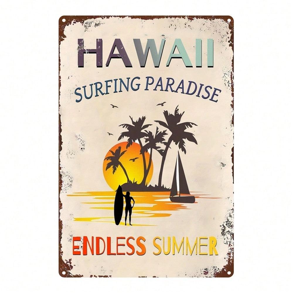 Hawaiian Surfing Wall Art 8x12 Inch Rustic Iron Plaque with Palm Tree Sunset Beach Decor 20x30cm
